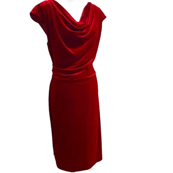 Midnight Velvet Burgundy Cowl Neckline Midi Holiday Event Velvet Dress -… - Picture 2 of 16
